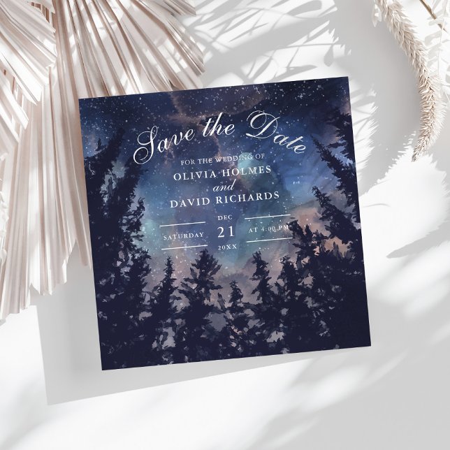 Starry Night Forest Celestial Save the Date (Starry Night Forest Save The Date Card on a white boho table with dry palm leaf.)
