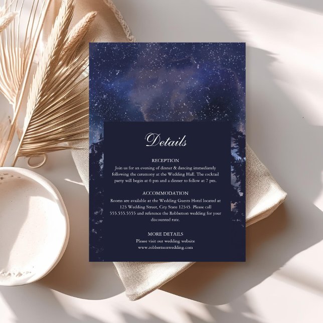 Starry Night Forest Celestial Wedding Details Card (Starry Night Forest Wedding Details Card on a sunny boho table.)