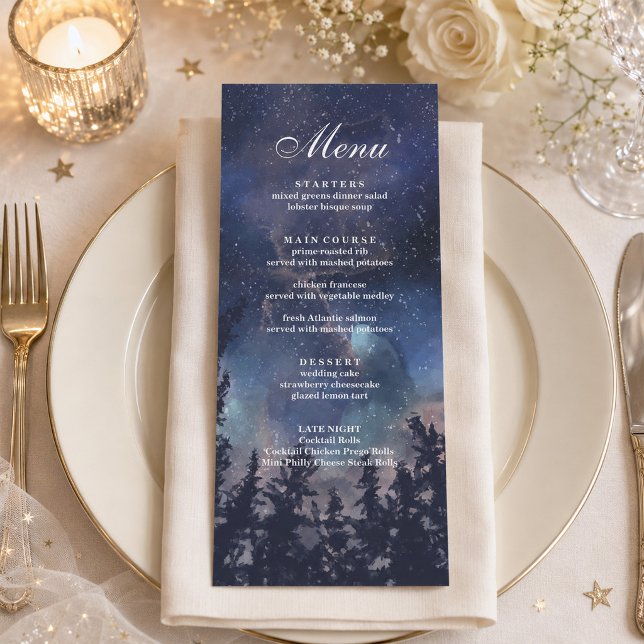 Starry Night Forest Celestial Wedding Menu (Starry Night Forest Celestial Wedding Menu on an elegant wedding table with flowers)