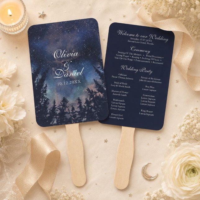 Starry Night Forest Celestial Wedding Program Fan (Starry Night Forest Celestial Wedding Program Fan on a table with celestial wedding decor & flowers)
