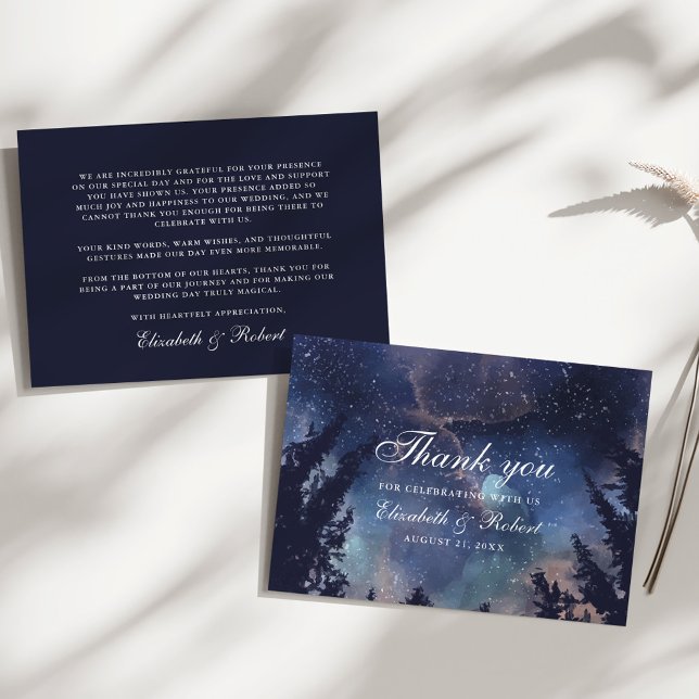 Starry Night Forest Celestial Wedding Thank You Card (Starry Night Forest Wedding Thank You Card on a sunny white table.)