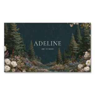 Starry Night Forest Gold Frame Cream Floral Pine Business Card Magnet
