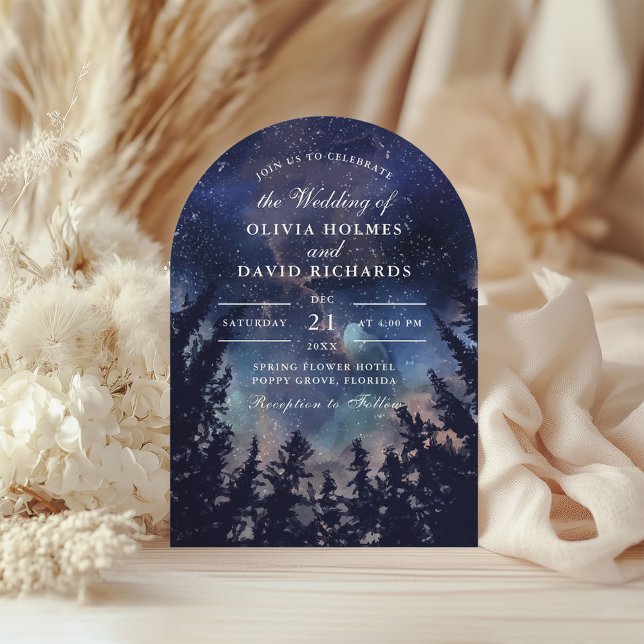 Starry Night Forest Wedding Arch Shape Invitation (Starry Night Forest Wedding Arch Shape Invitation on a neutral boho wedding table.)