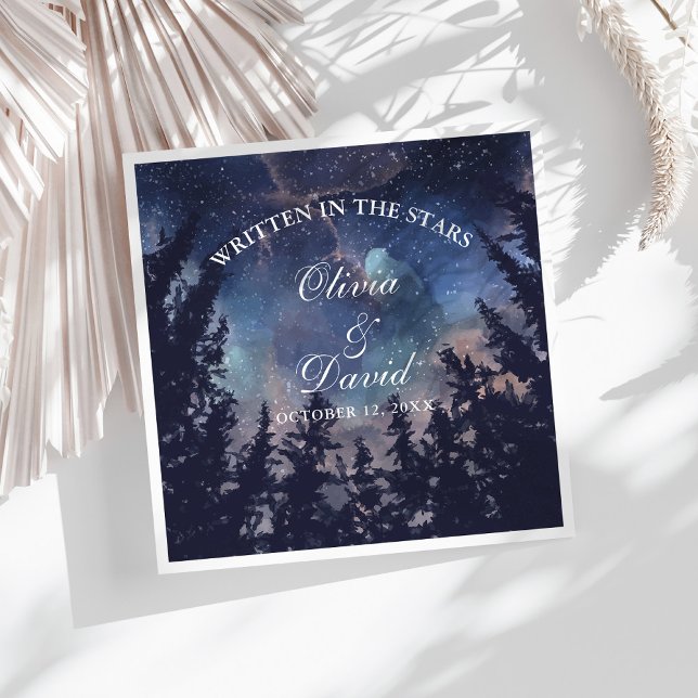 Starry Night Forest Wedding Paper Dinner Napkins (Starry Night Forest Wedding Paper Dinner Napkins on a sunny white table.)