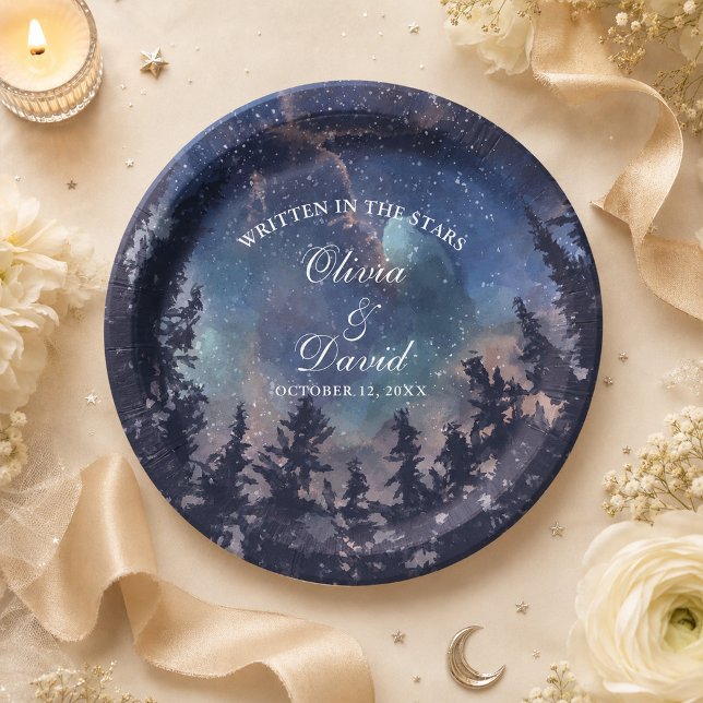 Starry Night Forest Wedding Paper Plates (Starry Night Forest Wedding Paper Plates on an elegant celestial wedding table with flowers)