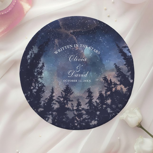 Starry Night Forest Wedding Paper Plates (Starry Night Forest Wedding Paper Plates on a table with a white rose.)