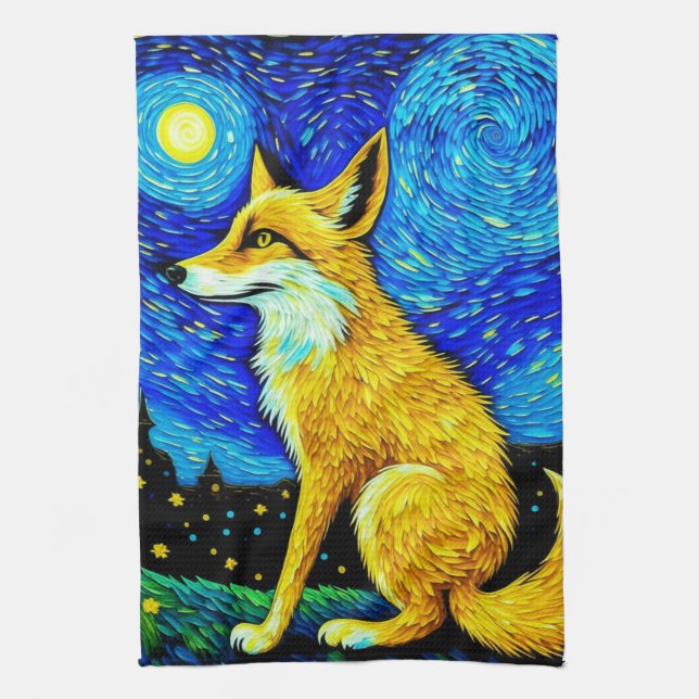 Starry Night Fox Kitchen Towel (Vertical)