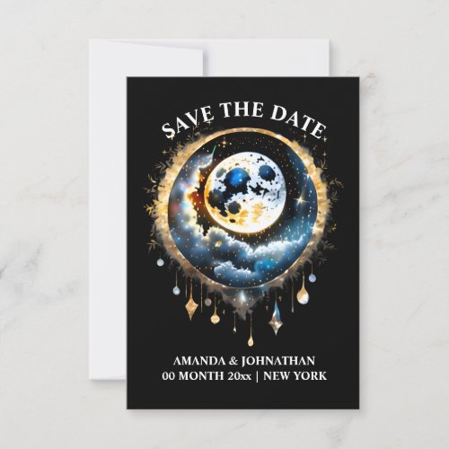 Starry night full moon celestial sky blue gold save the date
