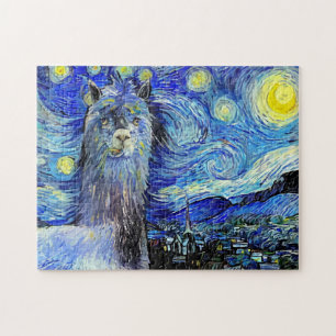 Starry Night Funny Alpaca Landscape Parody Jigsaw Puzzle