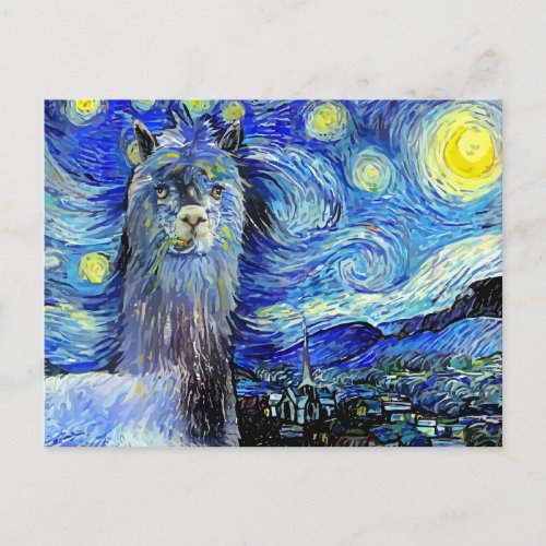 Starry Night Funny Alpaca Landscape Parody Postcard