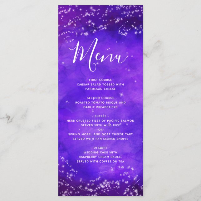 Starry Night Galaxy Purple Watercolor Wedding Menu (Front)