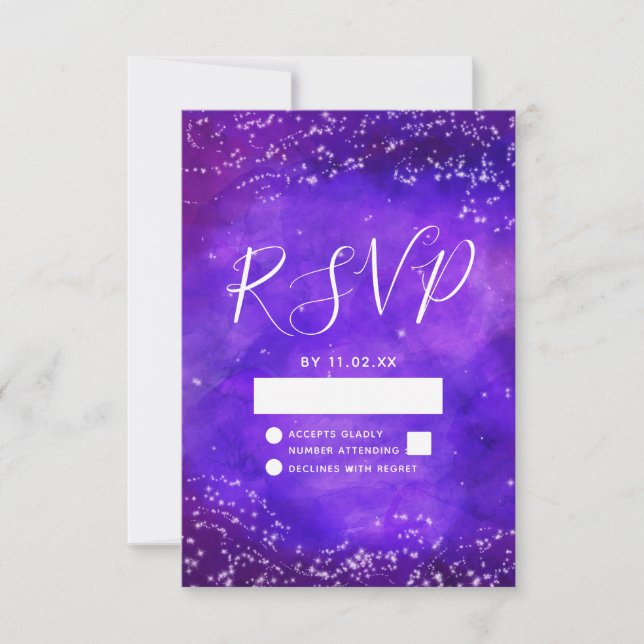 Starry Night Galaxy Purple Watercolor Wedding RSVP Card (Front)