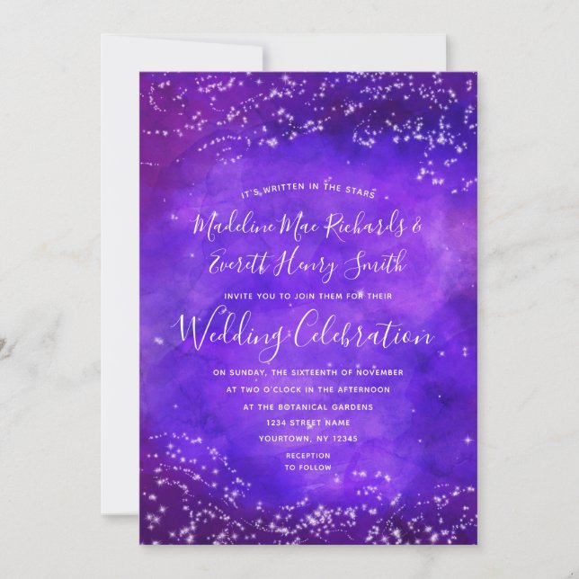Starry Night Galaxy Watercolor Wedding Invitation (Front)