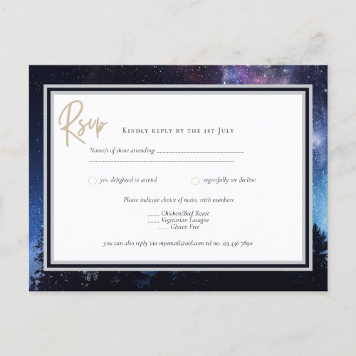 Starry Night Galaxy Wedding RSVP Navy Gold Postcar Postcard