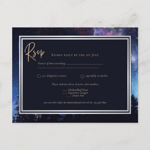Starry Night Galaxy Wedding RSVP Navy Gold Postcard
