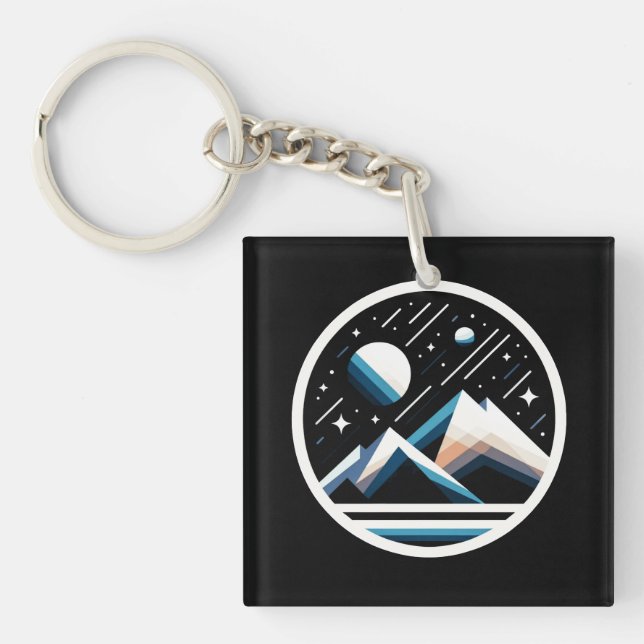 Starry Night Geometric Mountains Contemporary Art Keychain (Front)