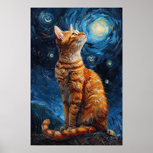 Starry Night Ginger Tabbies Van Gogh Style Poster