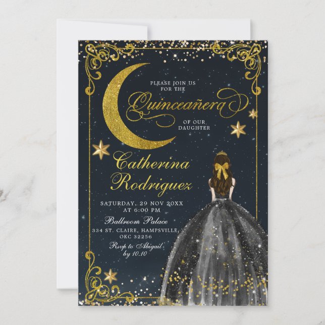 Starry Night Gold and Black Quinceanera  Invitation (Front)