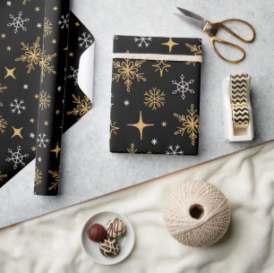 Starry Night Gold Snowflake Holiday Christmas Gift Wrapping Paper