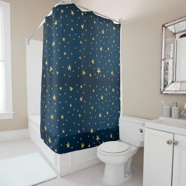 Starry night gold stars navy celestial star print shower curtain (In Situ)