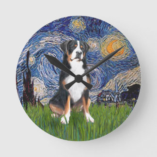 Starry Night - Greater Swiss Mountain dog Round Clock