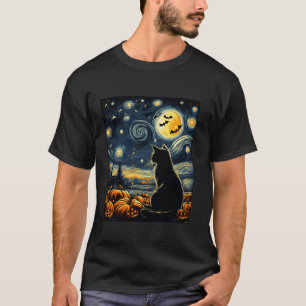 Starry Night Halloween Costume Black Cat Pumpkins T-Shirt