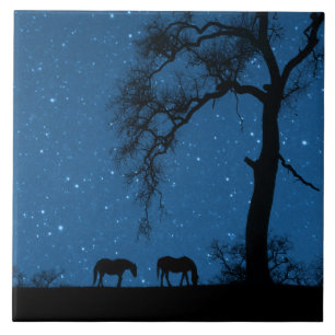 Starry Night Horses and Oak Tree Art Ceramic Tile