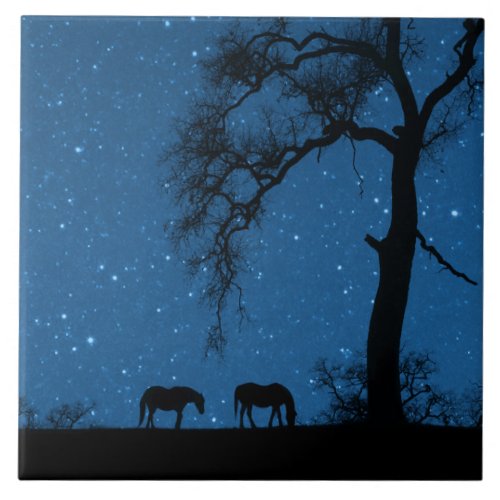 Starry Night Horses and Oak Tree Art Ceramic Tile