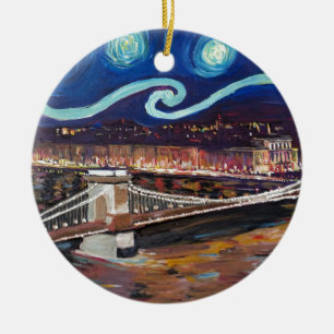 Starry Night in Budapest Hungary with Parliament Ceramic Ornament