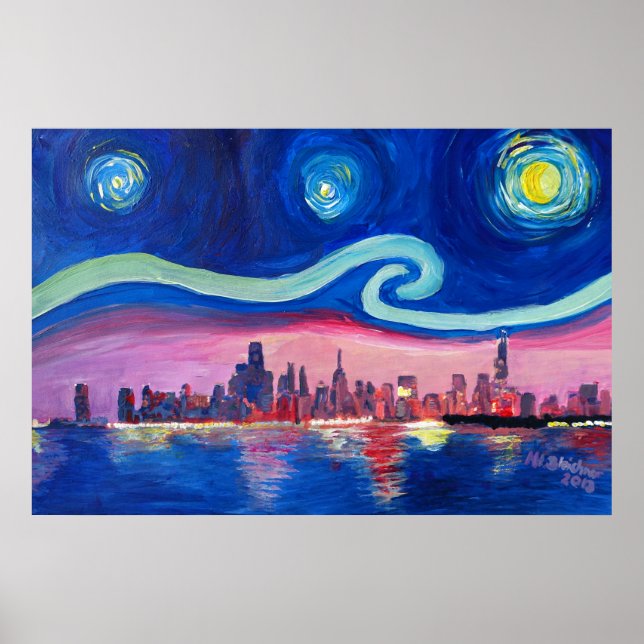 Starry Night in Chicago Illinois with Lake Michiga Poster (Front)