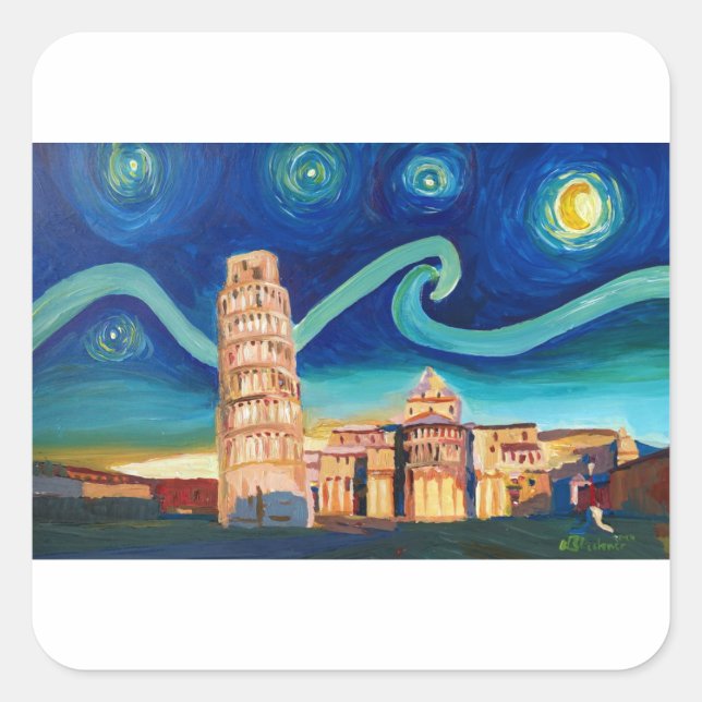 Starry Night in Pisa with Leaning Tower Square Sticker (Front)