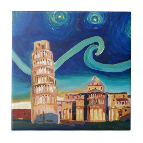 Starry Night in Pisa with Leaning Tower Tile