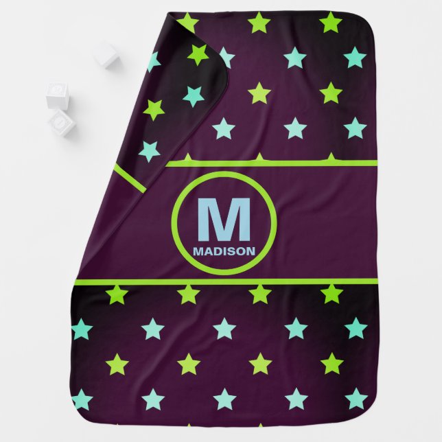 Starry Night in Purple Blue and Green with Name Baby Blanket (In Situ)