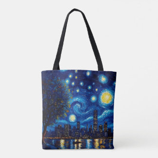 Starry Night Inspired Cityscape Tote Bag