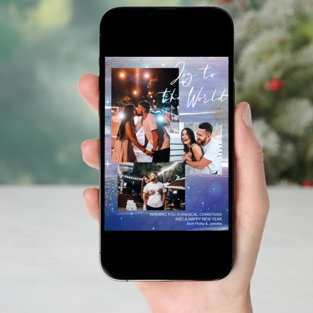 Starry Night Joy to the World 3 Photo Collage Holiday Card (Front Digital)