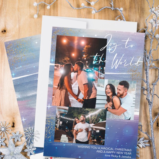 Starry Night Joy to the World 3 Photo Collage Holiday Card (Creator Uploaded)