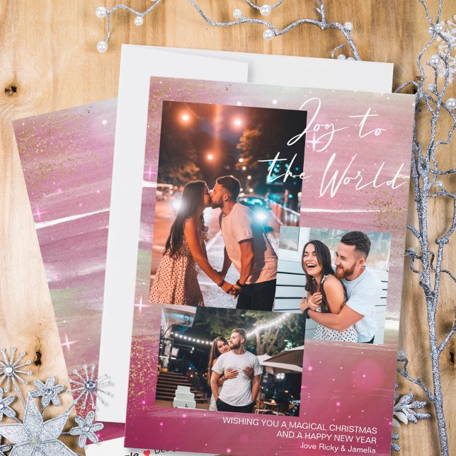 Starry Night Joy to the World 3 Photo Collage Red Holiday Card (Creator Uploaded)