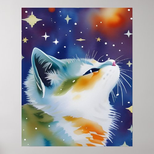 Starry Night Kitty Watercolor  Poster