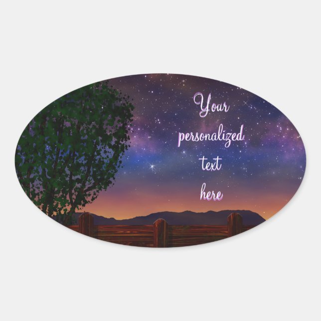 Starry Night Landscape - with customizable text - Oval Sticker (Front)
