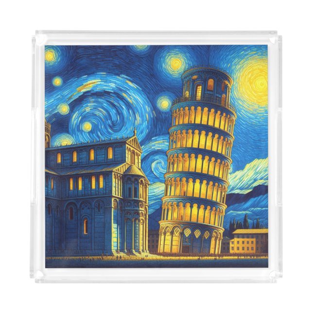 Starry Night Leaning Tower Of Pisa Italy Acrylic Tray (Front)