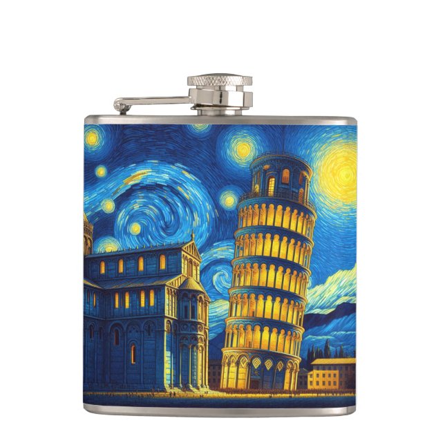 Starry Night Leaning Tower Of Pisa Italy Flask (Front)