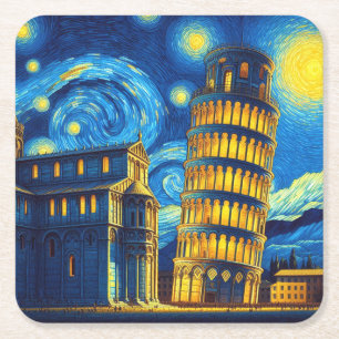 Starry Night Leaning Tower Of Pisa Italy Square Paper Coaster