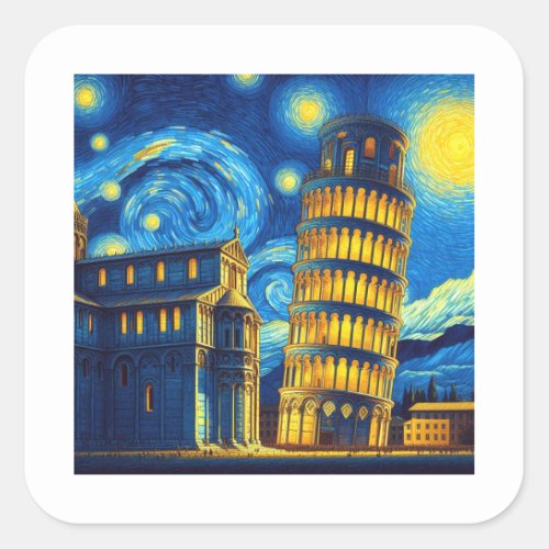 Starry Night Leaning Tower Of Pisa Italy Square Sticker