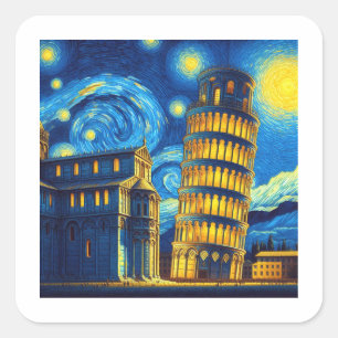 Starry Night Leaning Tower Of Pisa Italy Square Sticker