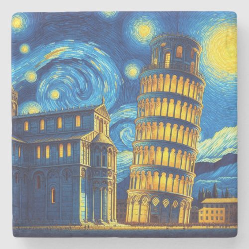 Starry Night Leaning Tower Of Pisa Italy Stone Coaster