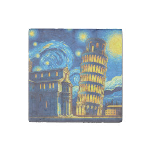 Starry Night Leaning Tower Of Pisa Italy Stone Magnet