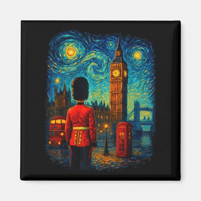Starry Night London Red Telephone Box Queen's Guar Magnet (Front)