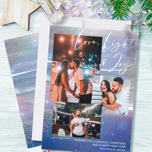 Starry Night Love Light  Joy 3 Photo Collage Holiday Card