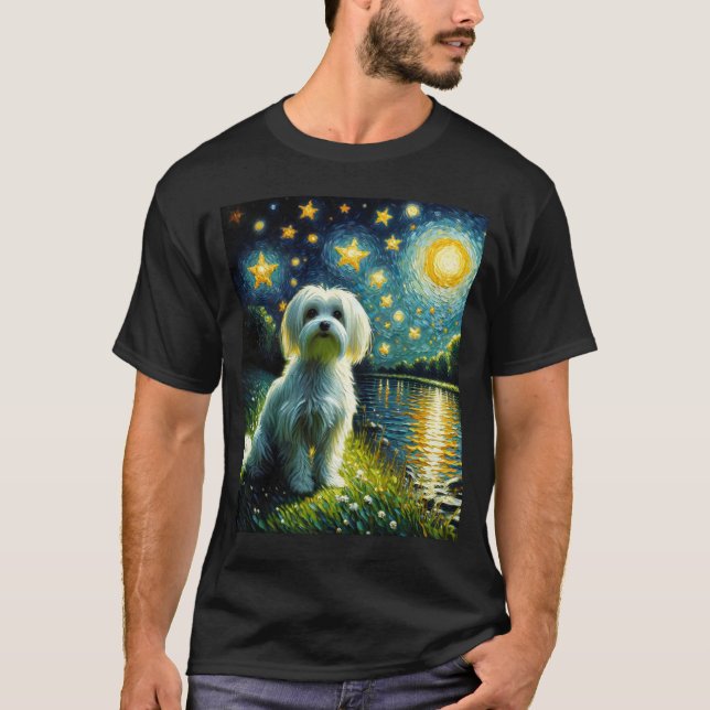 Starry Night Maltese Dog Van Gogh Lover T-Shirt (Front)