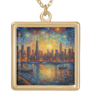 Starry Night Manhattan Skyline Impressionism Gold Plated Necklace